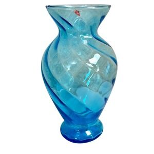 Vintage Glass Vase Swirl Turquoise‎ Blue Italian Made Decor 9.25 Inch